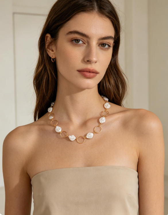 U-Shaped Faux Pearl Necklace for Women - Gold