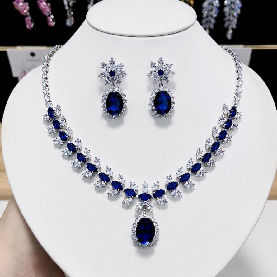 Luxury Emerald Green Crystal Necklace & Earrings Set – Elegant Zircon Bridal Jewelry Set for Women