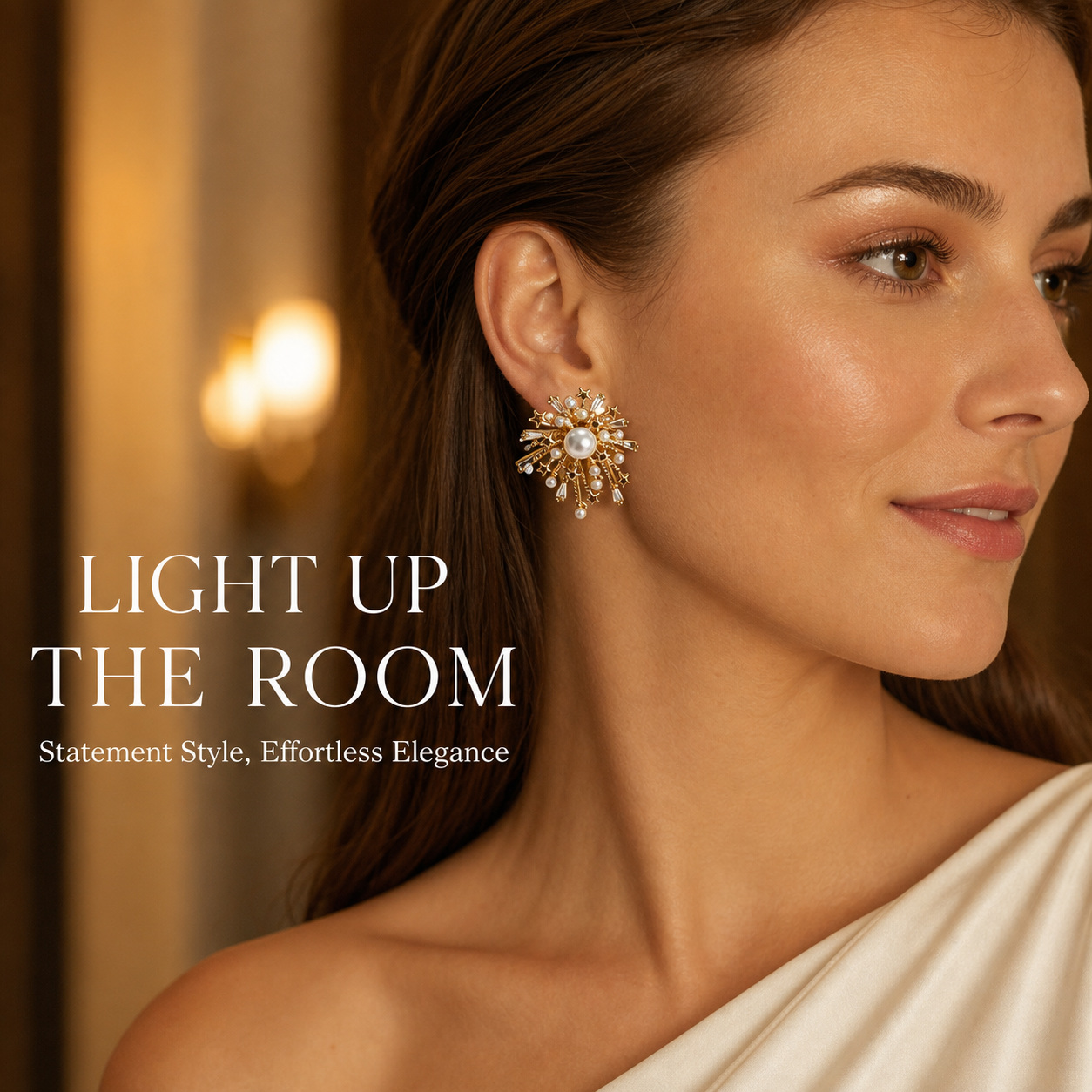  Woman wearing gold-tone pearl firework stud earrings