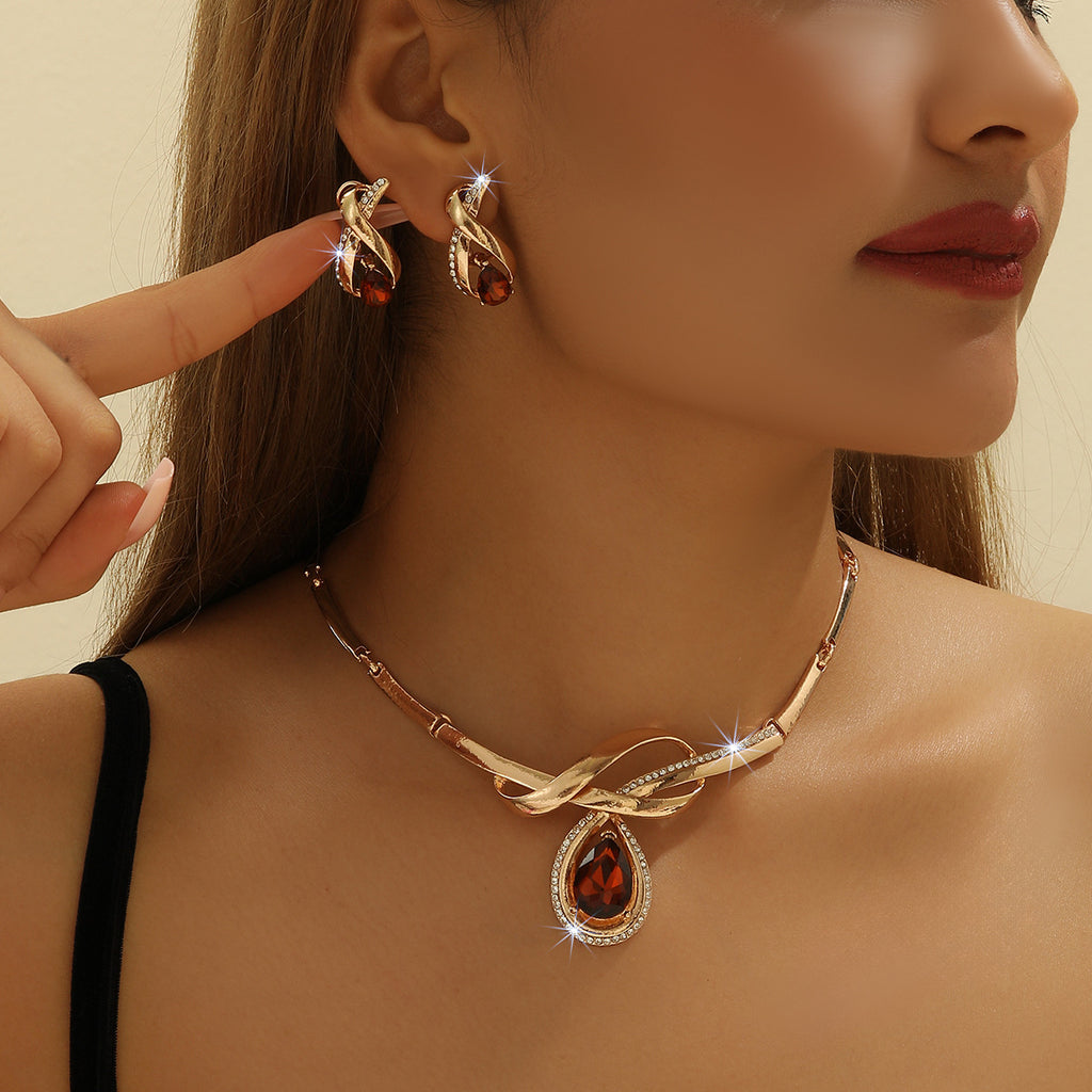 Rose Gold Teardrop Amber Crystal Necklace Earrings Jewelry Set for Evening Party