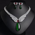 Luxury emerald green crystal wing necklace and earrings set for women