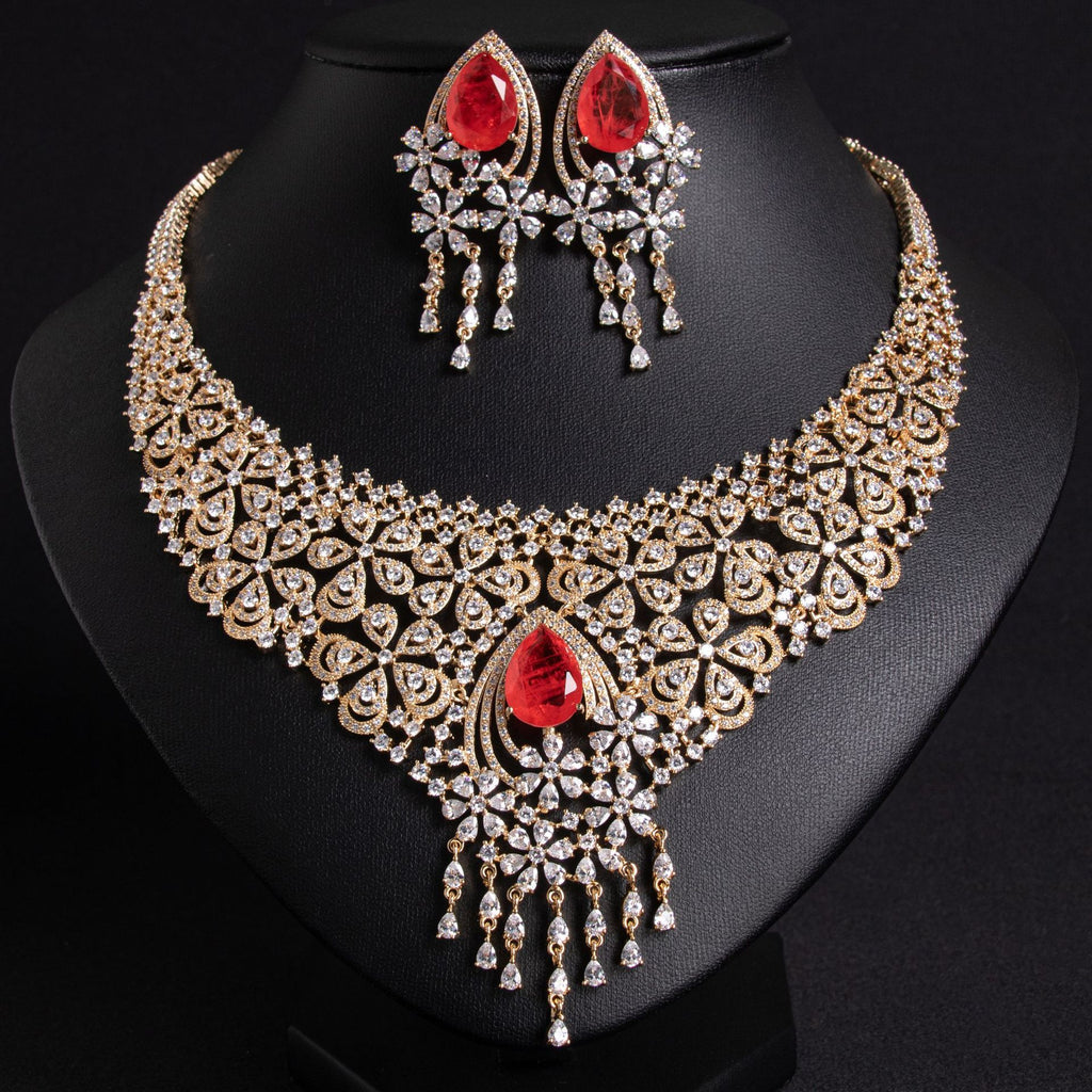 Gold-plated vintage bridal jewelry set with red water drop cubic zirconia necklace and matching tassel earrings, luxury statement set for weddings and formal events