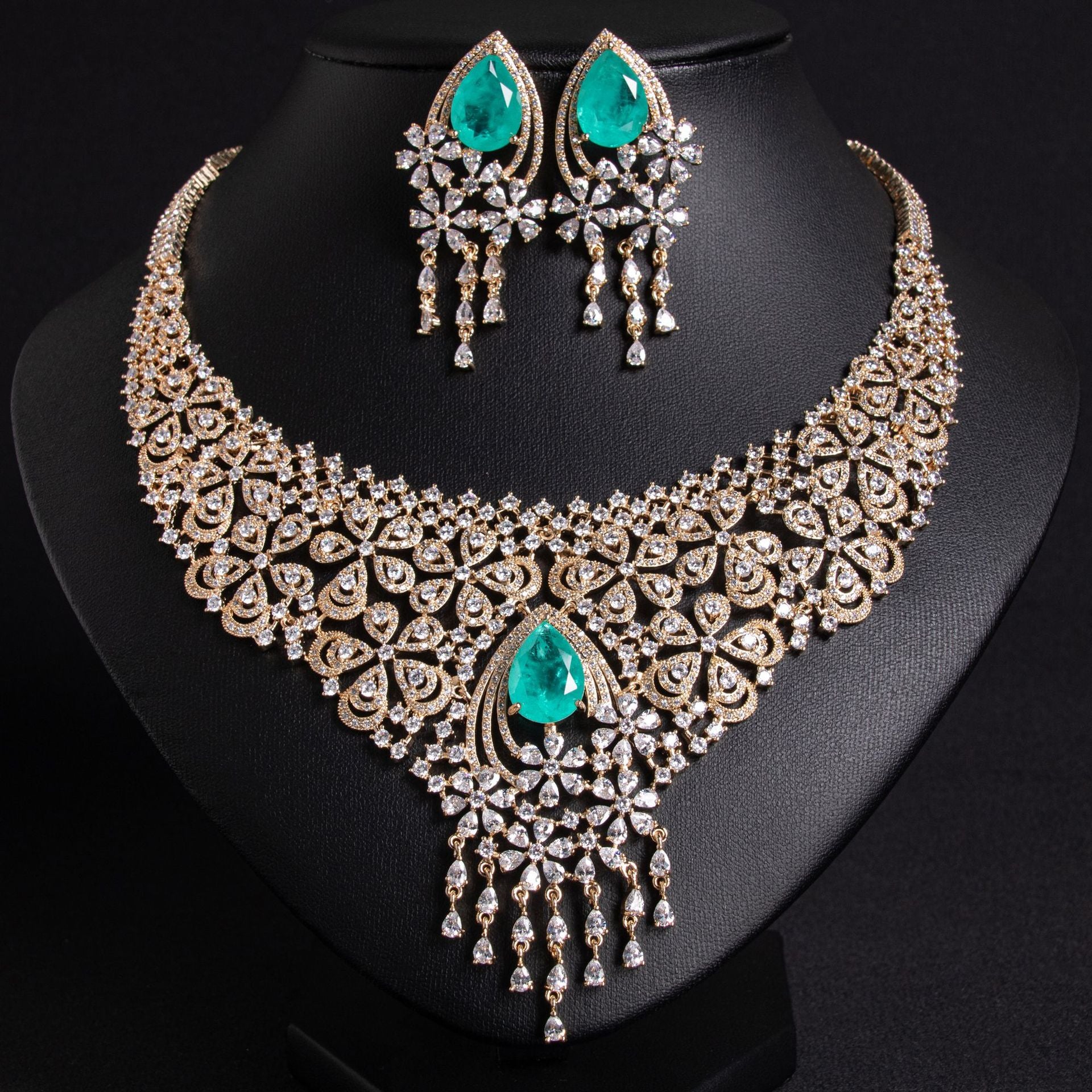 Gold-tone vintage zircon jewelry set with green water drop center stone necklace and drop earrings, elegant luxury set for parties and banquets