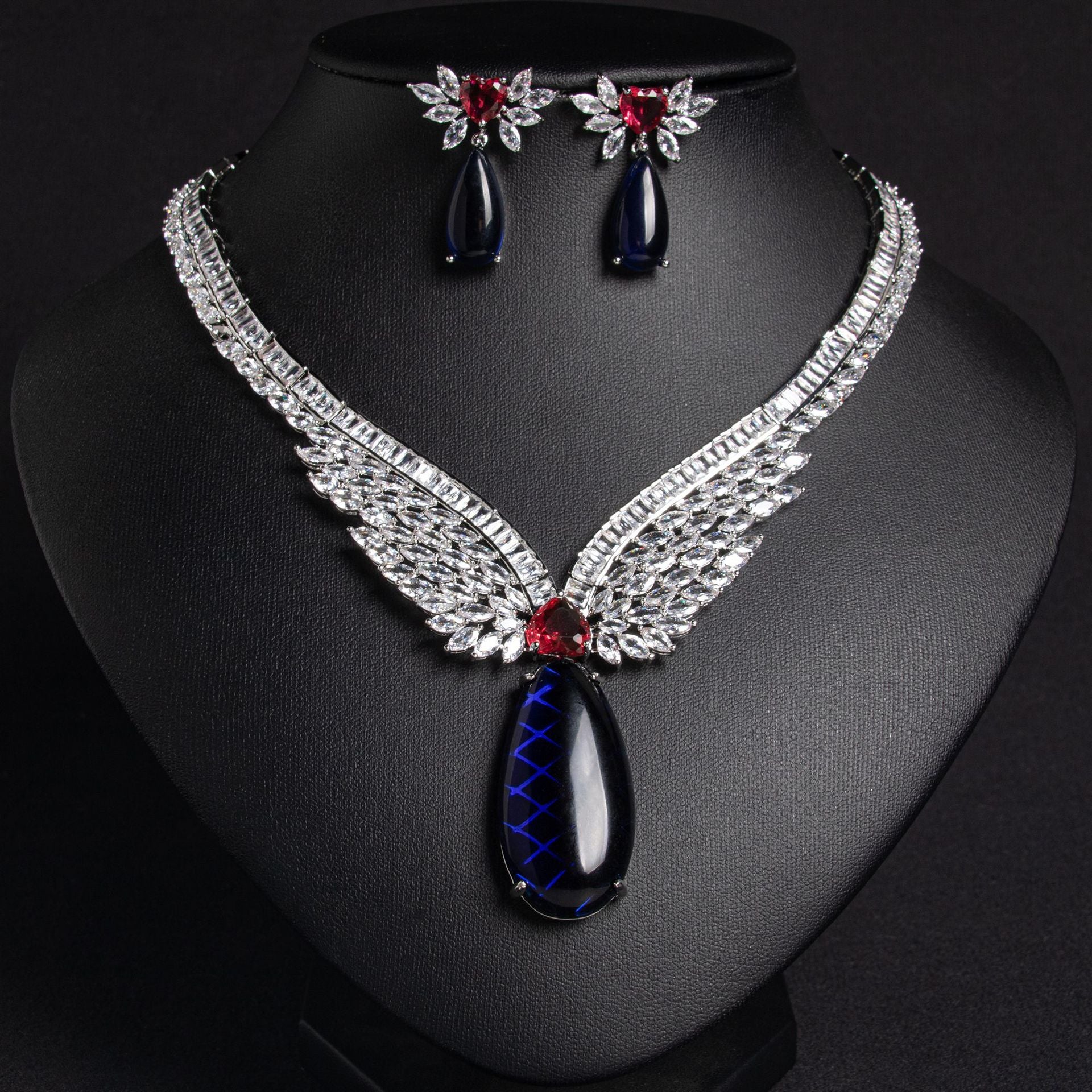Elegant blue gemstone statement jewelry set with rhinestones
